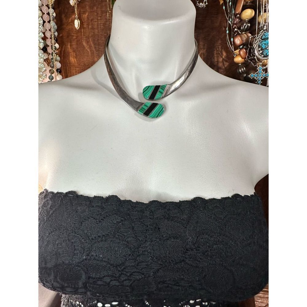 Sterling Silver Spring Hinge Malachite Onyx Choker And Bangle 600$
